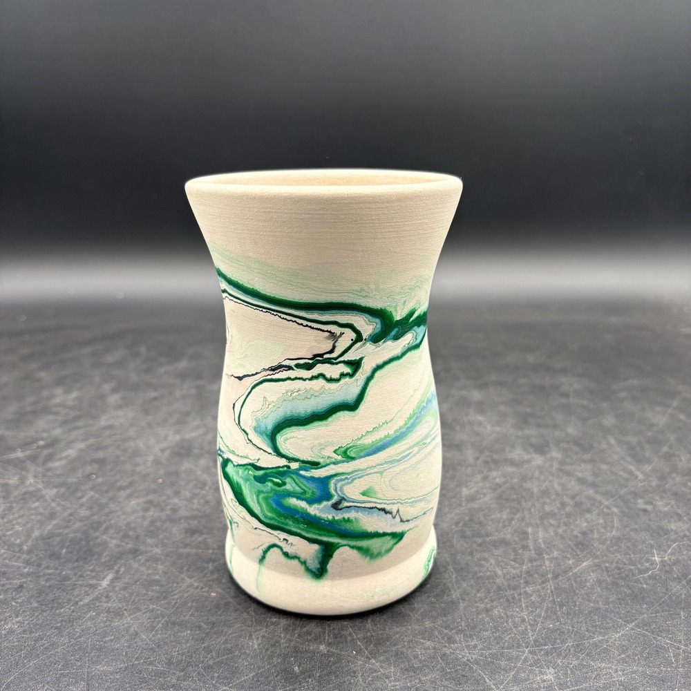 Nemadji Pottery Vase Green Swirl Marbled Wedding Bud Vase USA Art Pottery 6.25in